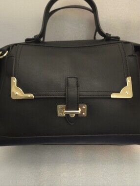 BCBGeneration Black Vegan Leather Satchel Top Handle Bag Gold Hardware Flap